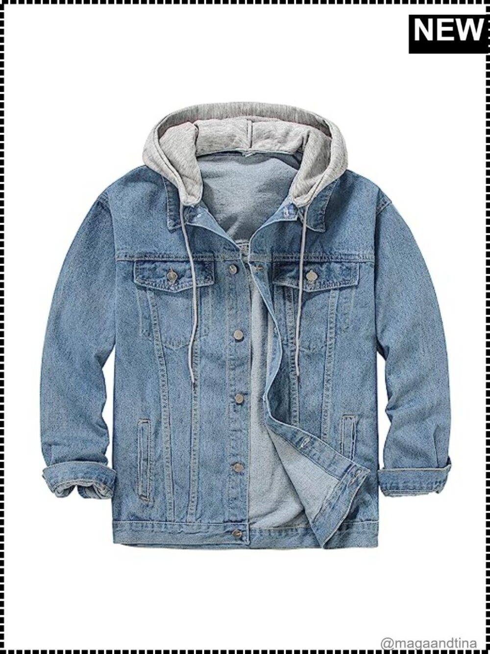 Men's Distressed Denim Jacket Hooded Ripped Trucker Coat Cotton Blend